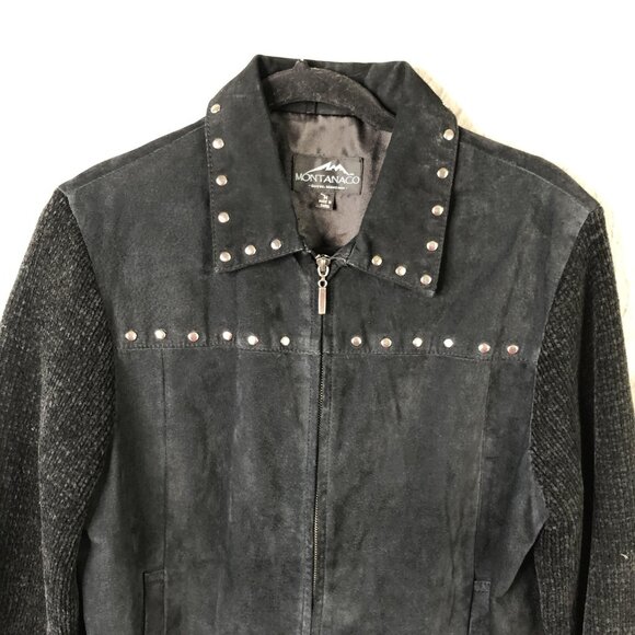 Montanaco Jacket Womens M Black Leather Knit Sleeves Studded Southwestern Boho - Picture 13 of 16